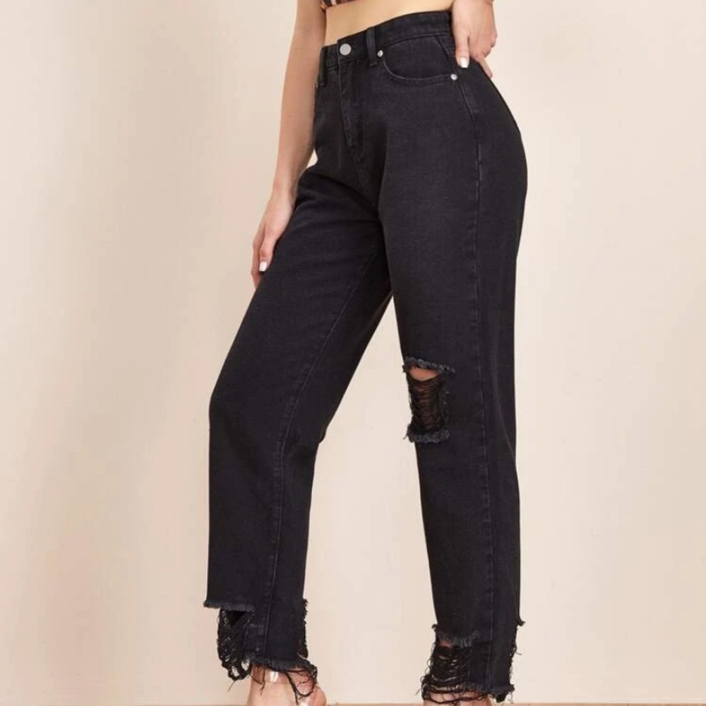 Black straight leg ripped jeans